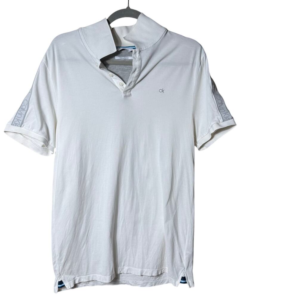 Calvin Klein Men Polo SZ M White Shoulder Spell Out Pima Cotton Golf Casual Prep